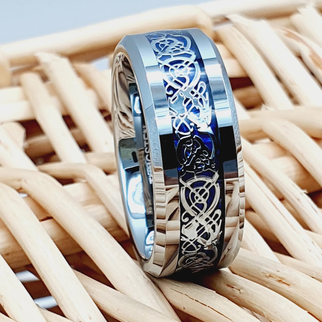 Celtic Dragon Wedding Band, Irish Promise Ring, Blue Celtic Wedding