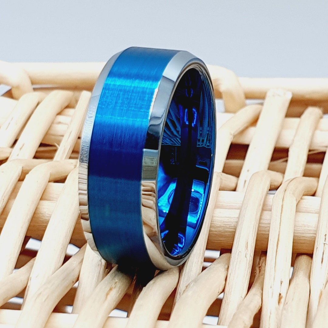 Men's Blue and Silver Wedding Ring, Brushed Wedding Ring, Women's