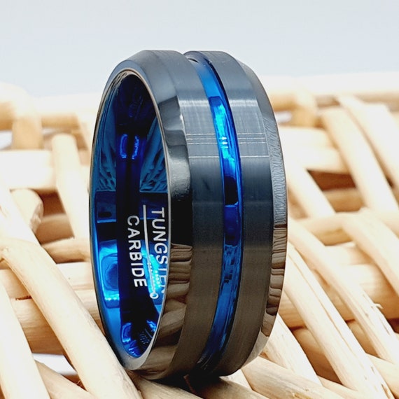 Titanium Wedding Ring with Angled Thin Blue Line — Unique Titanium Wedding  Rings