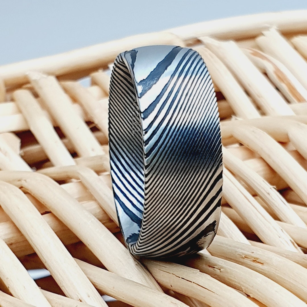 Unique Men Wedding Band 8mm Wide Tungsten Ring damascus Steel Wedding ...