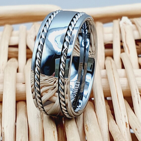 Double Groove Rope Inlay Band Mens Wedding Ring Promise Ring
