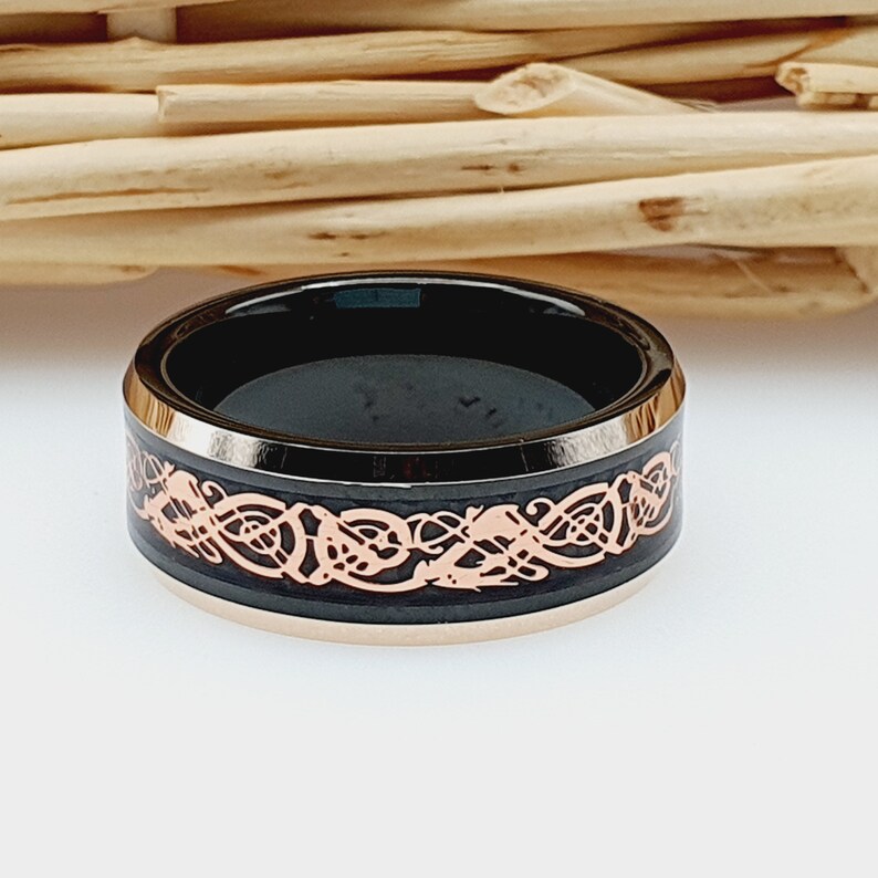 Rose Gold Celtic Dragon Tungsten Ring, Celtic Wedding Ring, Rose Gold Ring, Viking Ring, Mens Wedding Band, Black Celtic Knot Ring, Womans image 7