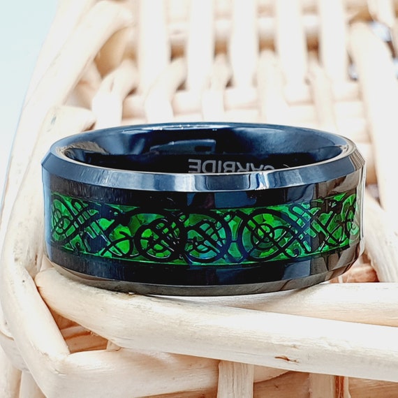 Men s Black Tungsten Dragon Ring Wedding Band Green Carbon Fiber