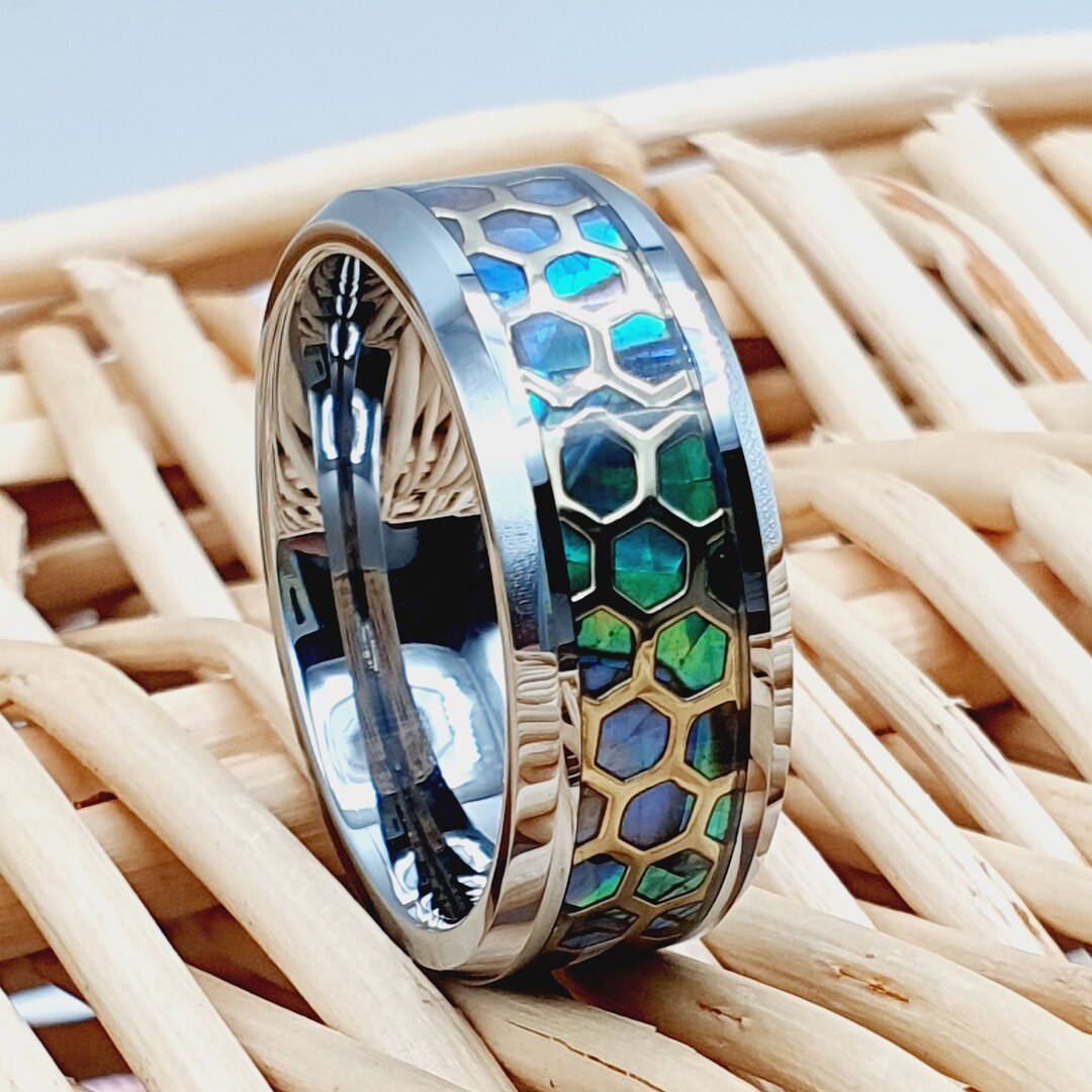 Free Laser Engraved Ring, Men's Anniversary Ring, Abalone Ring, 8mm Men's Tungsten Wedding Band