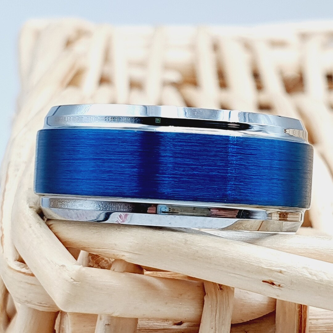Double Silver Line Ring, Men's Wedding Band,tungsten Promise Ring,blue