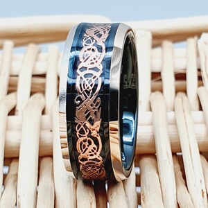 Rose Gold Celtic Dragon Tungsten Ring, Celtic Wedding Ring, Rose Gold Ring, Viking Ring, Mens Wedding Band, Black Celtic Knot Ring, Womans image 8