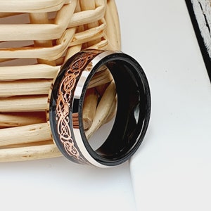 Rose Gold Celtic Dragon Tungsten Ring, Celtic Wedding Ring, Rose Gold Ring, Viking Ring, Mens Wedding Band, Black Celtic Knot Ring, Womans image 9