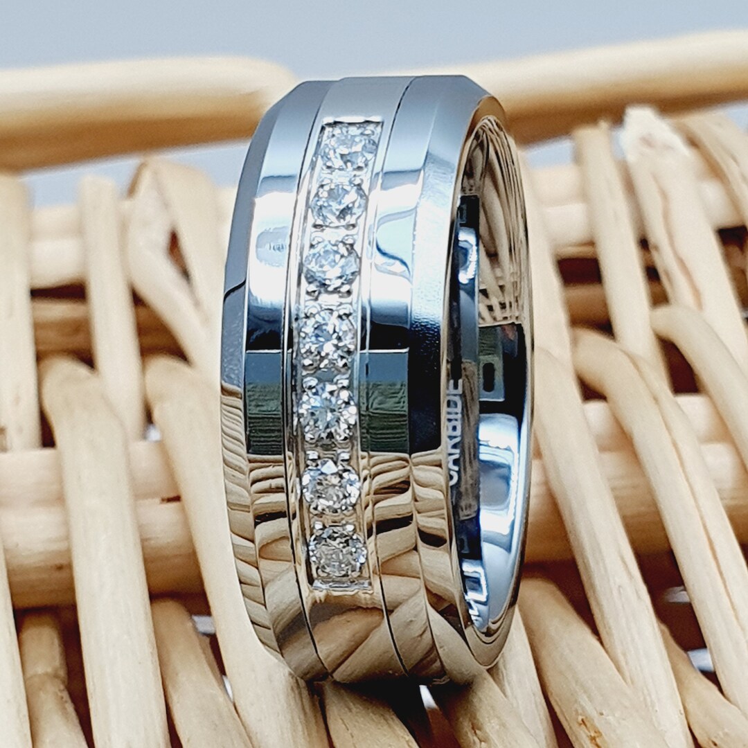 Men's Tungsten Wedding Band Ring/ Diamond Wedding Band/ Silver Tungsten
