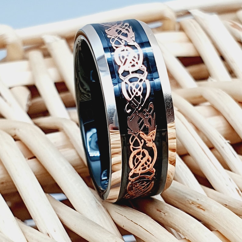 Rose Gold Celtic Dragon Tungsten Ring, Celtic Wedding Ring, Rose Gold Ring, Viking Ring, Mens Wedding Band, Black Celtic Knot Ring, Womans image 1