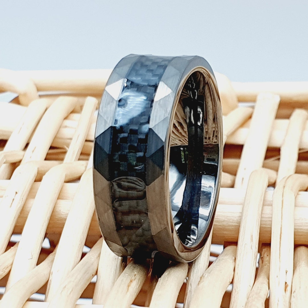 Carbon Fiber Wedding Ring 8mm Wedding Band Hammered Edges Special Gift Ring Free Engraved, Black