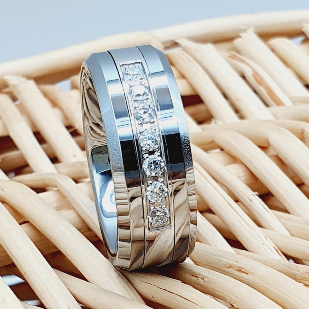 Silver Tungsten Wedding Band 8mm Tungsten Ring Diamond Mens Band Mens