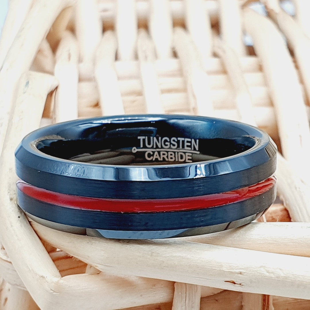 Engraved Firefighter Thin Red Line Ring Mans Wedding Black Etsy