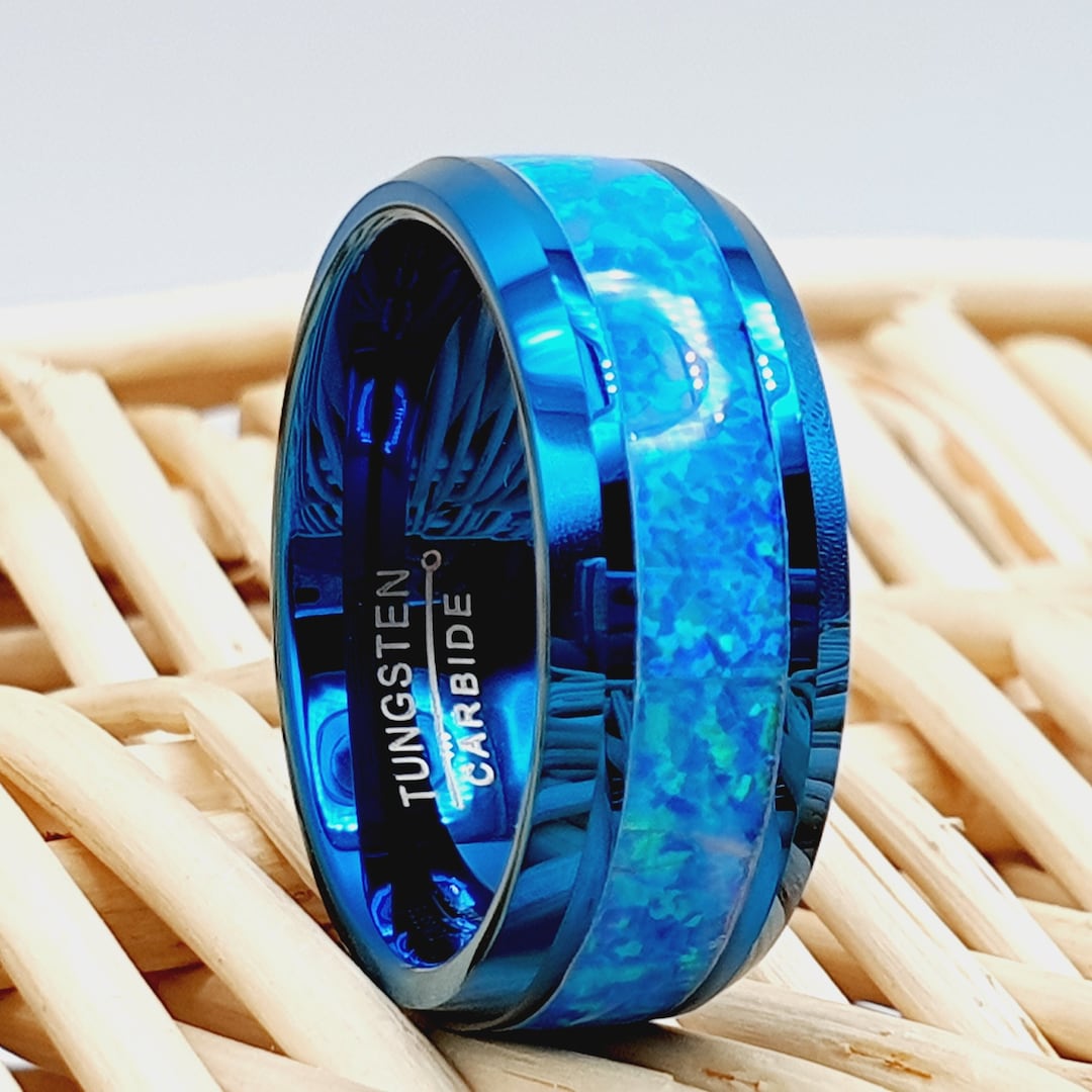 Blue Opal Tungsten Ring Tungsten Wedding Ring Blue Wedding Ring