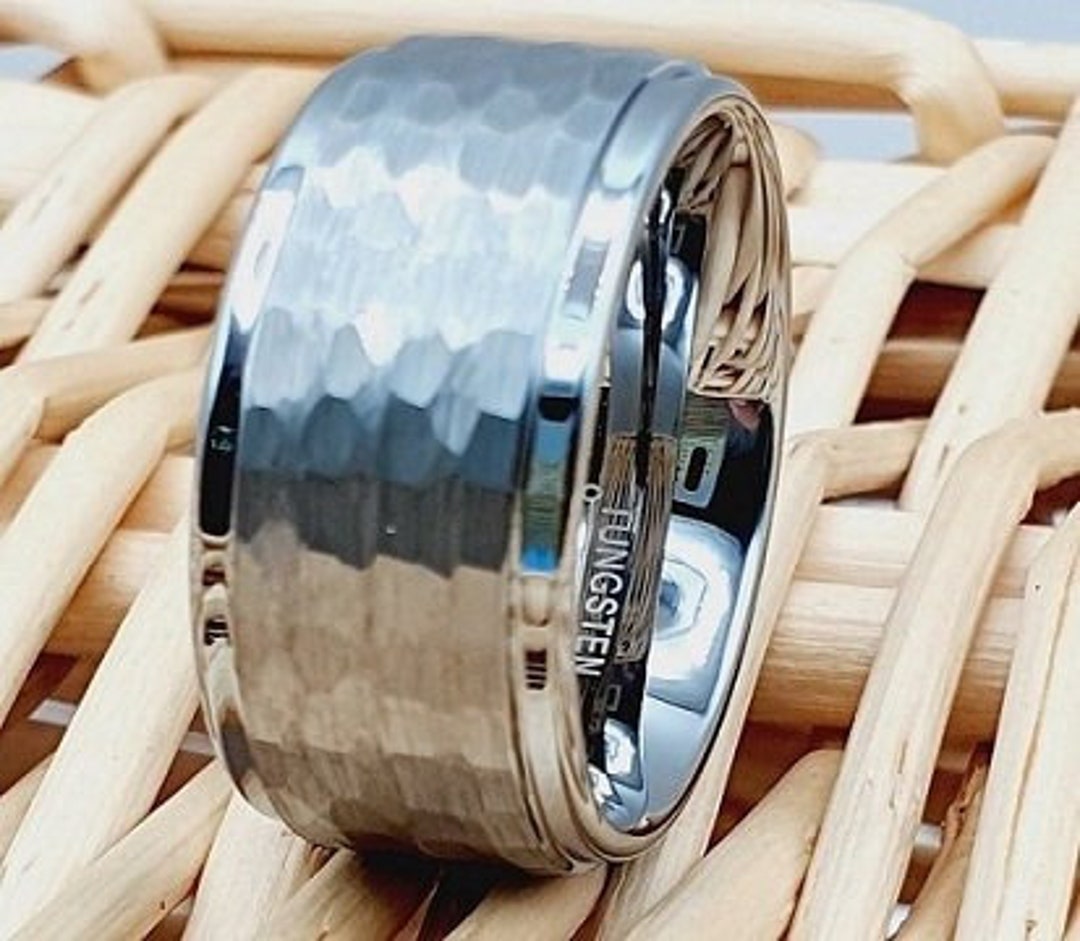 Hip Hop Engagement Ring for Men, Hammered Tungsten Ring, Solid Tungsten ...
