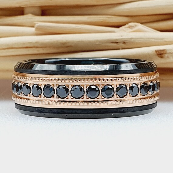 Rose gold black diamond mens ring deals