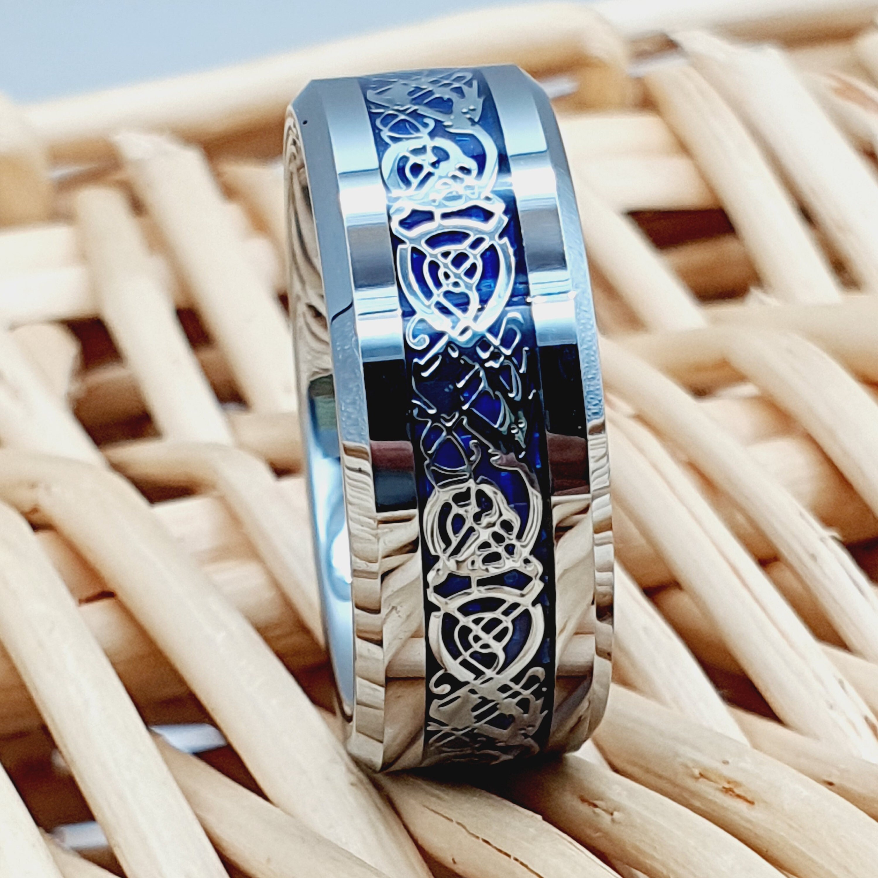 Blue Celtic Groom Ring Dragon Wedding Band Mens Tungsten Ring