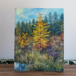 Peinture à l'huile de mélèze doré - Paysage forestier d'automne original sur toile - Art mural nature impressionniste