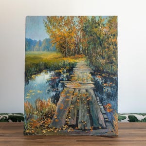 Peinture à l'huile de pont en bois rustique - Paysage d'automne sur toile - Art mural impressionniste original chemin forestier