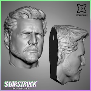 May include: A 3D printed bust sculpture of a man with short, styled hair and a beard. The sculpture is in a gray color and is shown from two different angles.