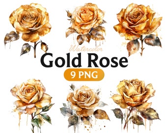 Gold Rose Watercolor Clipart: 9 PNG Floral Designs (Digital Download)