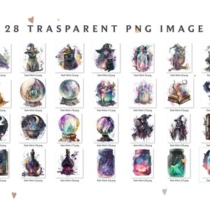Peut inclure: Un ensemble de 28 illustrations num&eacute;riques repr&eacute;sentant des peintures &agrave; l'aquarelle de divers objets magiques et de sorci&egrave;res, notamment un chat noir, un chapeau de sorci&egrave;re, un chaudron, un livre, un bocal, une bougie et une boule de cristal. Les illustrations sont dans un style sombre et fantaisiste, avec un accent sur le mystique et le magique.