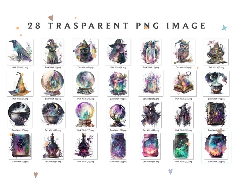 Peut inclure: Un ensemble de 28 illustrations num&eacute;riques repr&eacute;sentant des peintures &agrave; l'aquarelle de divers objets magiques et de sorci&egrave;res, notamment un chat noir, un chapeau de sorci&egrave;re, un chaudron, un livre, un bocal, une bougie et une boule de cristal. Les illustrations sont dans un style sombre et fantaisiste, avec un accent sur le mystique et le magique.
