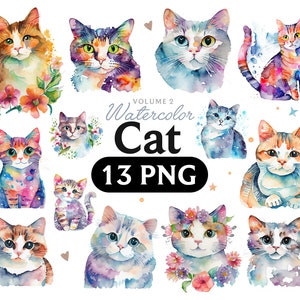 Puede incluir: Un conjunto de 13 ilustraciones de gatos de acuarela en varias poses y colores. Las ilustraciones son de estilo caprichoso y presentan una variedad de razas de gatos. El conjunto se titula "Volumen 2 Watercolor Cat 13 PNG".