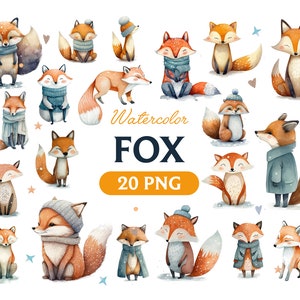 Fox akwarela clipart, akwarela lis, lis clipart, lis PNG, sztuka lisa, lis, lis cyfrowy, zwierzę