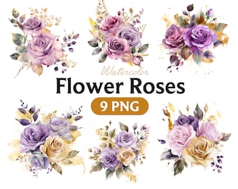 Purple and Gold Roses Watercolor Clipart (9 PNG) (Digital Download)