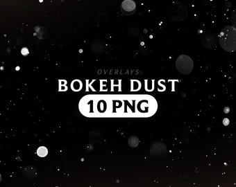 May include: Black background with white and gray bokeh effect. The text "OVERLAYS" is at the top, with "BOKEH DUST" and "10 PNG" in a white font. The image features various sizes of bokeh circles.