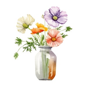 May include: A watercolour painting of a glass jar with a bouquet of flowers. The flowers are in shades of white, orange, and purple, with green foliage. The jar has a watercolour effect with brown and grey tones.