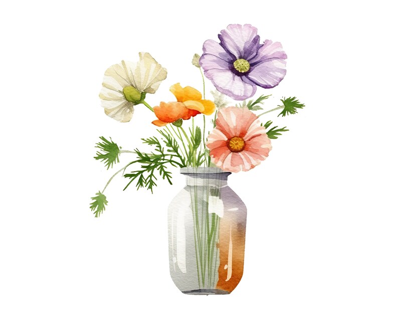 May include: A watercolour painting of a glass jar with a bouquet of flowers. The flowers are in shades of white, orange, and purple, with green foliage. The jar has a watercolour effect with brown and grey tones.