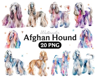 Imágenes prediseñadas de acuarela de galgo afgano, decoración para habitación infantil (20 PNG)