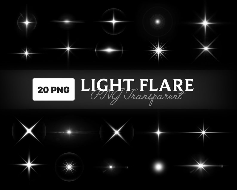 May include: A set of 20 white light flare effects on a black background. The flares are in various shapes and sizes, including stars, circles, and lines. The text "LIGHT FLARE PNG Transparent" is displayed in white on a black background.