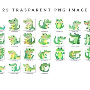 May include: 25 digital illustrations of green crocodiles in various poses. The crocodiles are cartoon-like and have large eyes and toothy smiles. They are all on a white background.