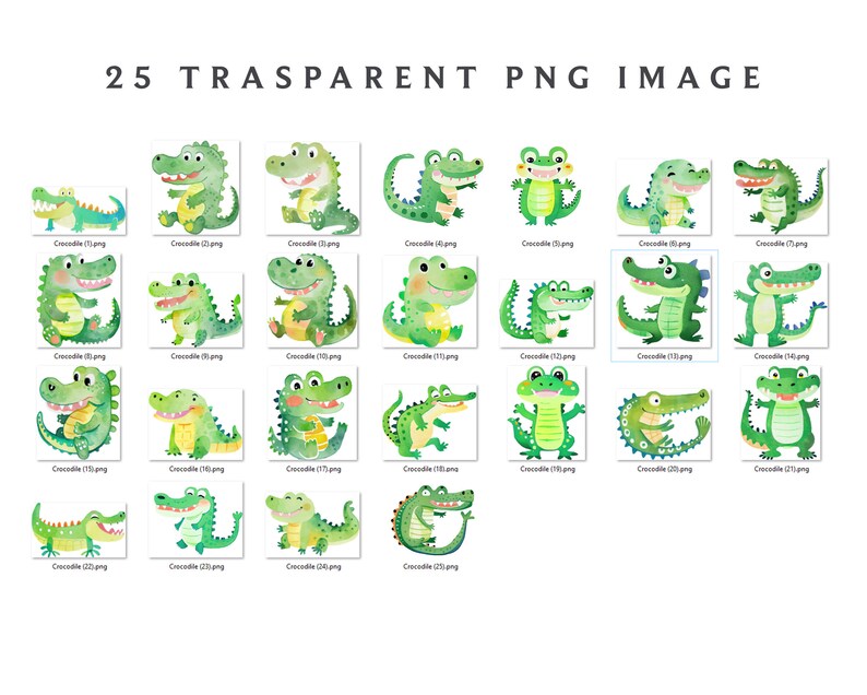 May include: 25 digital illustrations of green crocodiles in various poses. The crocodiles are cartoon-like and have large eyes and toothy smiles. They are all on a white background.
