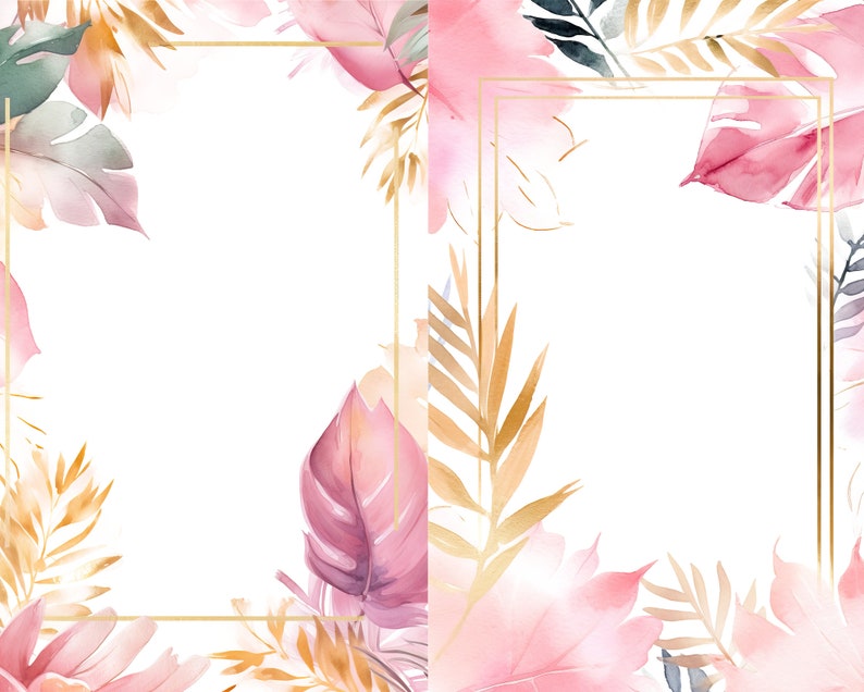 Tropical Pink and Gold Leaf Frame on White Background - Etsy