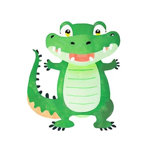 May include: A cartoon illustration of a green alligator with a toothy grin and yellow eyes. The alligator has a striped pattern on its back and a long tail.