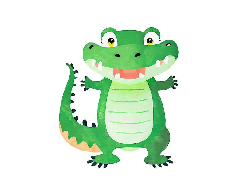 May include: A cartoon illustration of a green alligator with a toothy grin and yellow eyes. The alligator has a striped pattern on its back and a long tail.