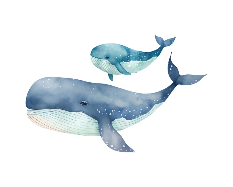 Pode incluir: Uma pintura em aquarela de duas baleias azuis nadando. A baleia maior est&aacute; em primeiro plano e a menor est&aacute; no fundo. Ambas as baleias t&ecirc;m manchas brancas e uma barriga azul clara.