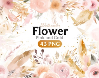 Pink and Gold Watercolor Flower Clipart: 43 PNG Illustrations (Digital Download)