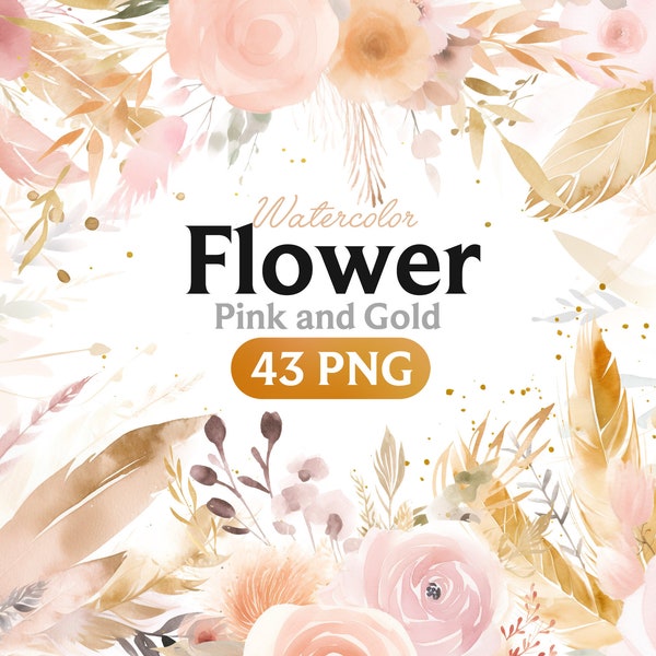 Pink and Gold Flower, Flowers PNG, Watercolor Flower Clipart, Pink Flowers Bundle Illustrations, Instant Download, Digital Png