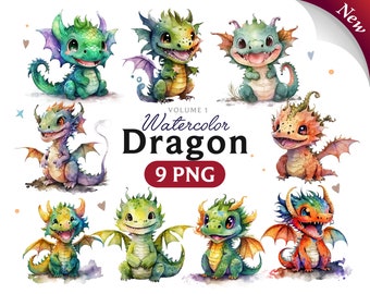 Watercolor Dragon Clipart, Fantasy Art (9 PNG Digital Download)