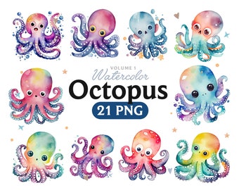Lindo paquete de imágenes prediseñadas de acuarela de pulpo, pulpo, pulpo png, acuarela de pulpo, decoración de pulpo, baby shower de pulpo, animal