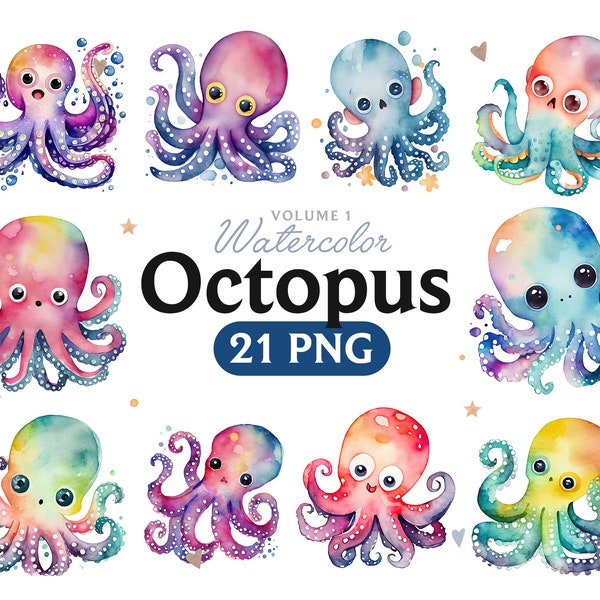 Cute Octopus Watercolor Clipart Bundle, octopus, octopus png, octopus watercolor, octopus decor, octopus baby shower, Animal