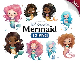 Watercolor Mermaid Clipart: Baby Girl PNG Art (Digital Download)