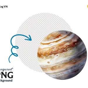 May include: A watercolor painting of Jupiter, a gas giant with swirling bands of brown, orange, and white. The planet is depicted against a transparent background.