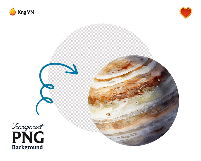 May include: A watercolor painting of Jupiter, a gas giant with swirling bands of brown, orange, and white. The planet is depicted against a transparent background.