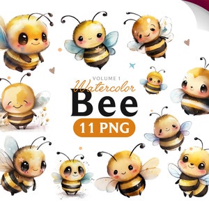 May include: A set of 11 watercolor illustrations of cute cartoon bees. The bees are in various poses and have different expressions. The illustrations are perfect for adding a touch of whimsy to any project.