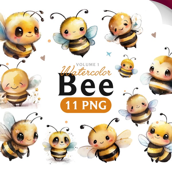 Bee clipart, Watercolor Cute Bee,Watercolor Bee, Bee PNG, Bee art, Bee, digital Bee, Animal, Volume 1